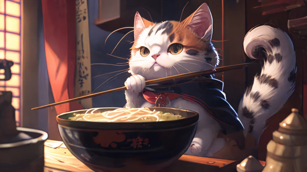 猫が箸を持ってラーメンを食べているアニメ調の画像